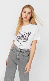 Stradivarius Футболка Со Стразами И Короткими Рукавами Женская Коллекция Белый M