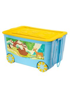 Ящик для игрушек ElfPlast KidsBox на колесах, голубо-желтый, лесные жители