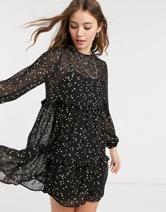 Черное ярусное платье мини с принтом из серебристых звезд ASOS DESIGN-Черный