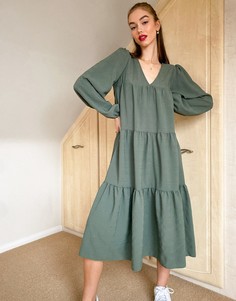 Многоярусное фактурное платье миди свободного кроя цвета хаки ASOS DESIGN-Зеленый