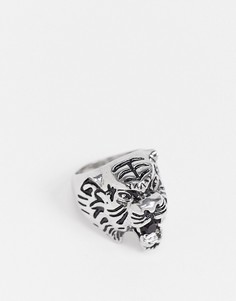 Серебристое кольцо с рельефной головой тигра Topshop-Серебряный