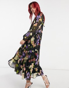 Ярусное платье макси с высоким воротом и ярким узором из зимних цветов ASOS DESIGN-Многоцветный