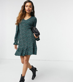 Черное платье мини с цветочным принтом, оборками и длинными рукавами River Island Petite-Голубой