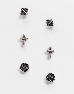 Набор серебристых серег со скрещенной отделкой и чеканными шляпками Icon Brand-Серебристый
