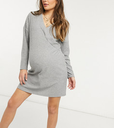 Серое меланжевое супермягкое платье мини в рубчик с запахом и длинными рукавами ASOS DESIGN Maternity-Серый