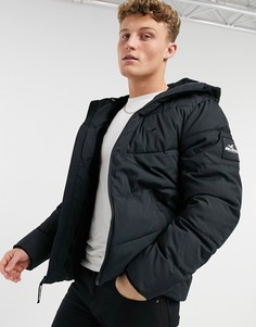 Черный пуховик с капюшоном на подкладке из искусственного меха Hollister