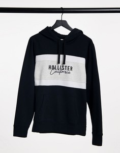 Черный худи с логотипом на груди в стиле колор-блок Hollister