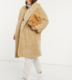 Светло-бежевое плюшевое удлиненное пальто New Look Maternity-Кремовый