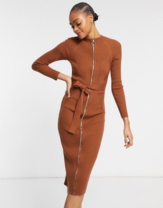 Коричневое трикотажное платье на молнии ASOS DESIGN-Коричневый