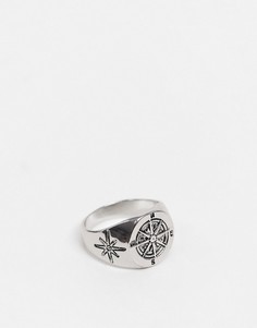Серебристое кольцо-печатка с дизайном в виде компаса Topman-Серебристый