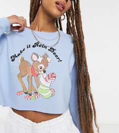 Укороченный свитшот в стиле oversized с новогодним винтажным изображением и надписью "Make it Rain Deer" New Girl Order-Голубой