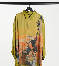 Oversized-рубашка из атласной ткани с абстрактным пейзажным принтом ASOS DESIGN Plus-Желтый