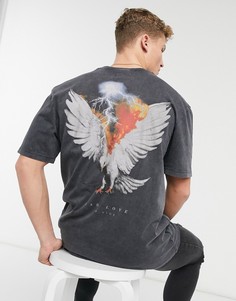 Черная выбеленная футболка с принтом Topman-Черный