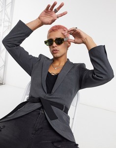 Темно-серый пиджак супероблегающего кроя с поясом ASOS DESIGN