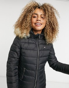 Черный пуховик с искусственным мехом на капюшоне Tommy Jeans