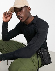 Черное обтягивающее поло с длинным рукавом в рубчик ASOS DESIGN-Черный