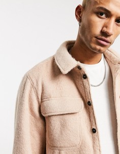 Oversized куртка-рубашка бежевого цвета из ткани с добавлением шерсти на стеганой подкладке ASOS DESIGN-Бежевый