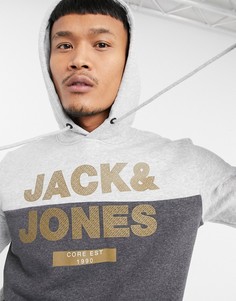 Светло-серый меланжевый худи в стиле колор блок Jack & Jones