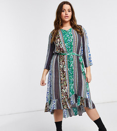 Платье миди с завязками на талии и контрастным принтом Junarose-Многоцветный