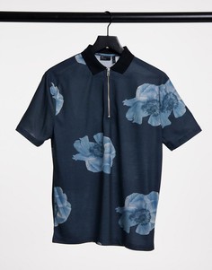 Свободное поло на короткой молнии с темным цветочным принтом ASOS DESIGN-Черный