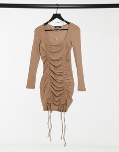 Светло-бежевое облегающее платье с сеткой и сборками NaaNaa-Серый