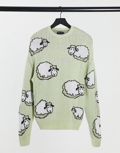 Шалфейно-зелёный фактурный джемпер в стиле oversized c узором в виде овечек ASOS DESIGN-Зеленый