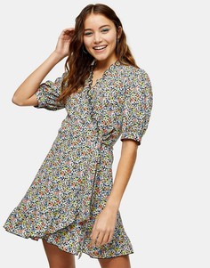 Платье мини с запахом и мелким цветочным принтом Topshop-Многоцветный