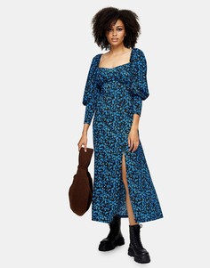 Синее платье миди в стиле доярки Topshop-Голубой