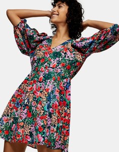 Разноцветное платье мини с объемными рукавами и принтом Topshop-Многоцветный