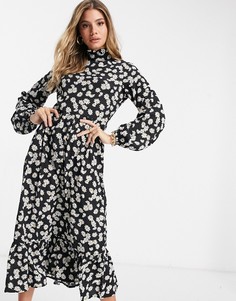 Платье миди с присборенной юбкой и цветочным принтом Missguided-Черный