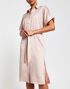 Светло-бежевое платье-рубашка миди с завязкой на талии River Island-Светло-бежевый