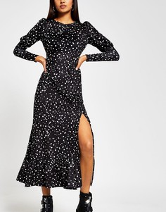 Черное платье миди с зауженными рукавами и принтом River Island-Черный
