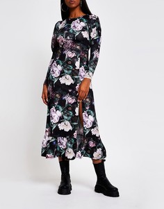 Черное платье миди с зауженными рукавами и цветочным принтом River Island-Черный