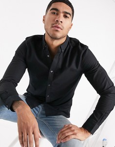 Зауженная оксфордская рубашка из органического хлопка черного цвета с длинными рукавами Burton Menswear-Черный