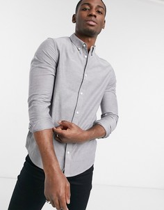 Зауженная оксфордская рубашка серого цвета с длинными рукавами из органического хлопка Burton Menswear-Серый