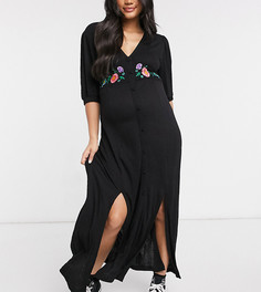 Черное платье миди с V-образным вырезом, объемными рукавами и вышивкой на талии ASOS DESIGN Maternity-Черный