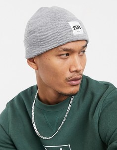 Серая меланжевая шапка-бини с биркой-логотипом Jack & Jones-Серый