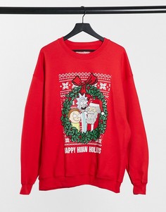 Новогодний свитшот с надписью "Happy Human Holidays" Rick and Morty-Красный Poetic Brands