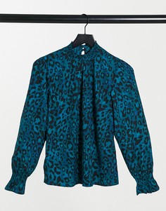Синяя присборенная блузка с леопардовым принтом New Look-Голубой