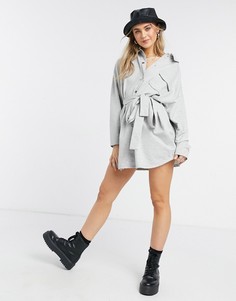Серое платье-рубашка на кнопках с длинными рукавами и поясом ASOS DESIGN-Серый