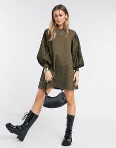 Трикотажное платье мини с объемными рукавами в цвете хаки ASOS DESIGN-Зеленый