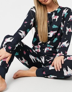 Длинный пижамный комплект с новогодним принтом в виде летающих лам Chelsea Peers-Голубой