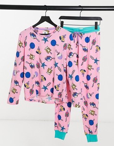 Длинный пижамный комплект с новогодним принтом в виде елочных шаров Chelsea Peers-Розовый