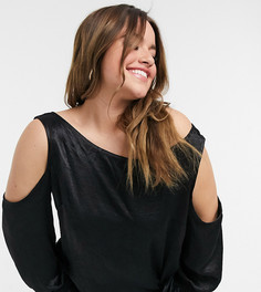 Черная атласная блузка с открытыми плечами Elvi Plus-Черный