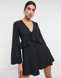 Платье мини с оборками и завязкой спереди ASOS DESIGN-Черный