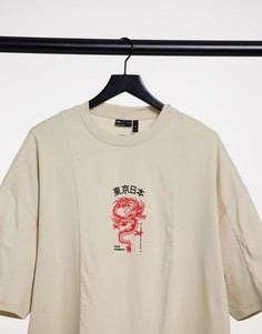 Однотонная oversized-футболка в рубчик с трикотажными вставками и принтом на груди ASOS DESIGN-Бежевый