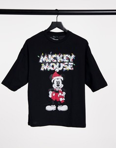 Черная футболка свободного кроя с принтом Disney Mickey Mouse Christmas от ASOS DESIGN-Черный