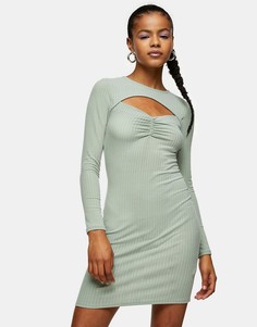 Облегающее платье цвета хаки с вырезом и сборками Topshop-Зеленый