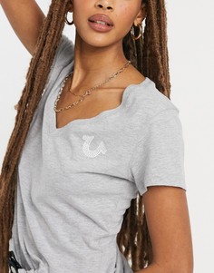 Серая футболка с глубоким V-образным вырезом и логотипом True Religion-Серый