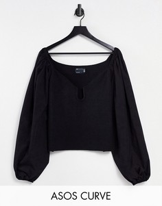 Черный джемпер с глубоким вырезом и ткаными рукавами ASOS DESIGN Curve